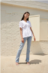V-Neck Linen Blouse with Puff Sleeves and Peplum Waist Detail